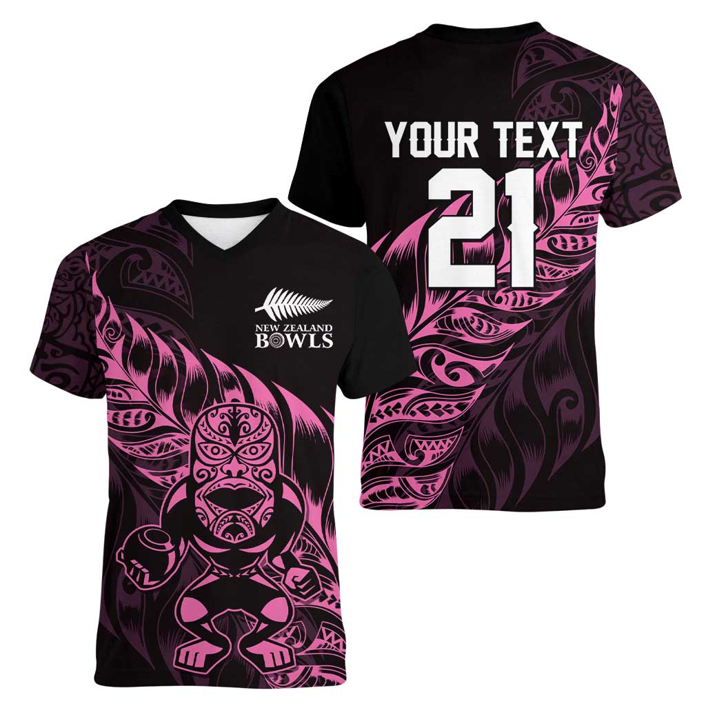 New Zealand Lawn Bowls Custom Women V-Neck T-Shirt Pink Maori Warrior Tribal Silver Fern - Aussie Hoodie