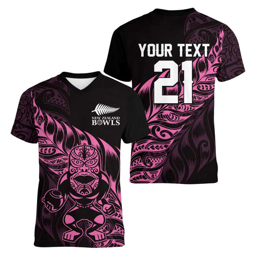 New Zealand Lawn Bowls Custom Women V-Neck T-Shirt Pink Maori Warrior Tribal Silver Fern - Aussie Hoodie