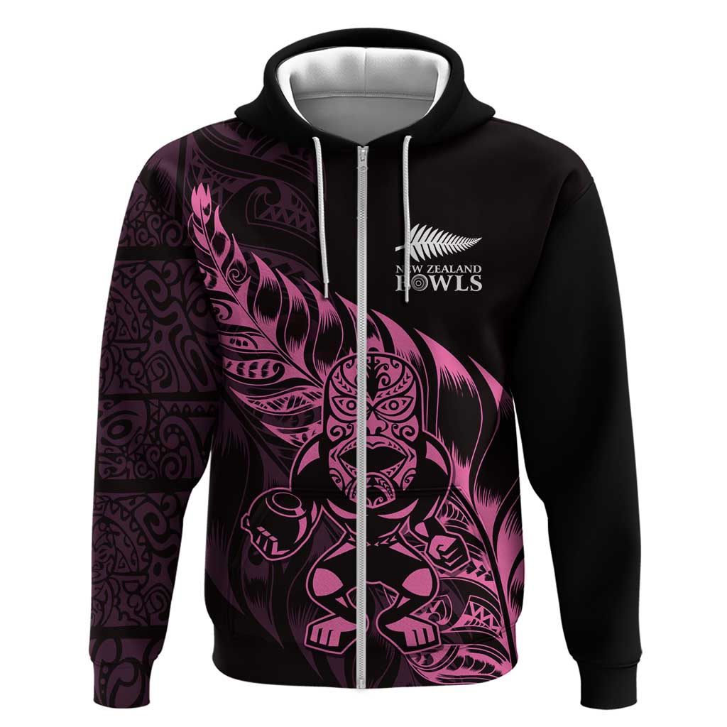 New Zealand Lawn Bowls Custom Zip Hoodie Pink Maori Warrior Tribal Silver Fern - Aussie Hoodie