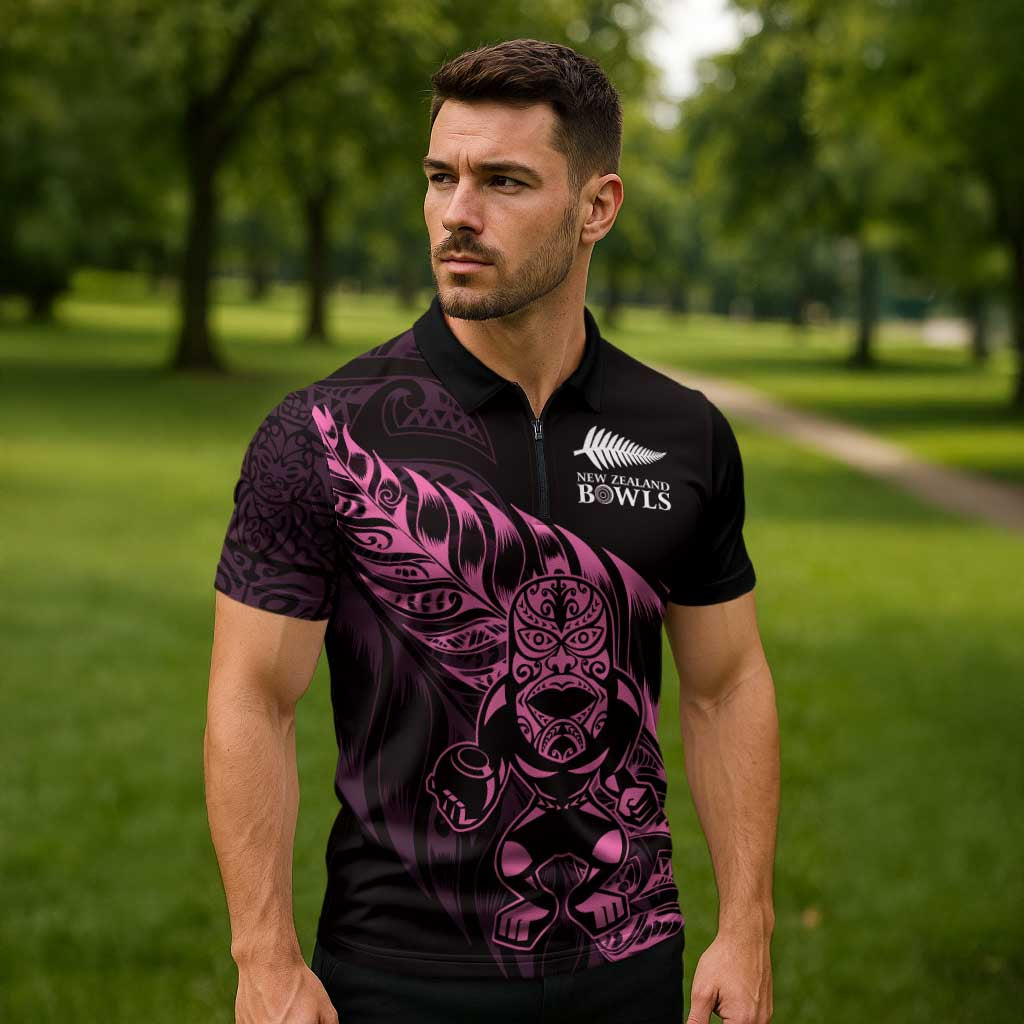 New Zealand Lawn Bowls Custom Zipper Polo Shirt Pink Maori Warrior Tribal Silver Fern - Aussie Hoodie