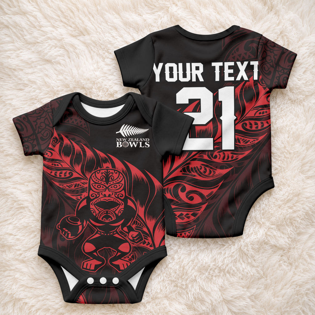 New Zealand Lawn Bowls Custom Baby Onesie Red Maori Warrior Tribal Silver Fern