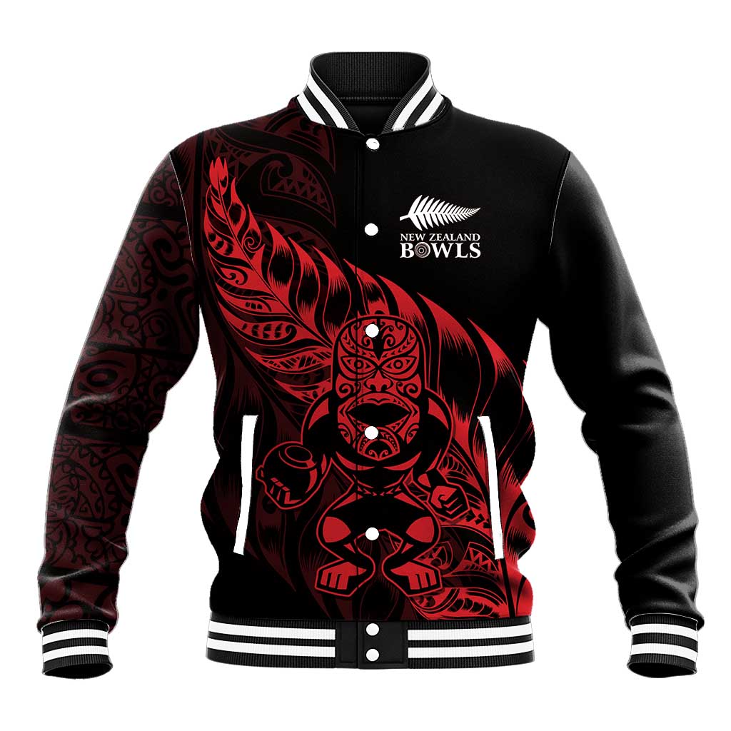 New Zealand Lawn Bowls Custom Baseball Jacket Red Maori Warrior Tribal Silver Fern - Aussie Hoodie