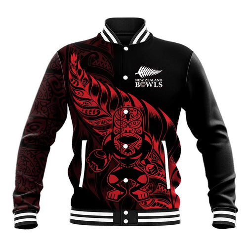 New Zealand Lawn Bowls Custom Baseball Jacket Red Maori Warrior Tribal Silver Fern - Aussie Hoodie