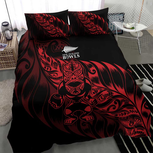 New Zealand Lawn Bowls Bedding Set Red Maori Warrior Tribal Silver Fern - Aussie Hoodie