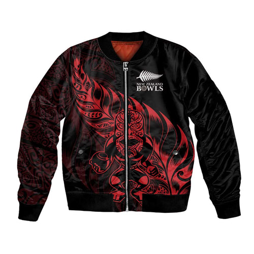 New Zealand Lawn Bowls Custom Bomber Jacket Red Maori Warrior Tribal Silver Fern - Aussie Hoodie