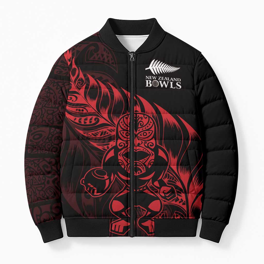 New Zealand Lawn Bowls Custom Bomber Puffer Jacket Red Maori Warrior Tribal Silver Fern - Aussie Hoodie