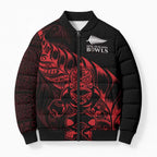 New Zealand Lawn Bowls Custom Bomber Puffer Jacket Red Maori Warrior Tribal Silver Fern - Aussie Hoodie