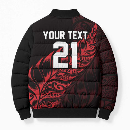 New Zealand Lawn Bowls Custom Bomber Puffer Jacket Red Maori Warrior Tribal Silver Fern - Aussie Hoodie