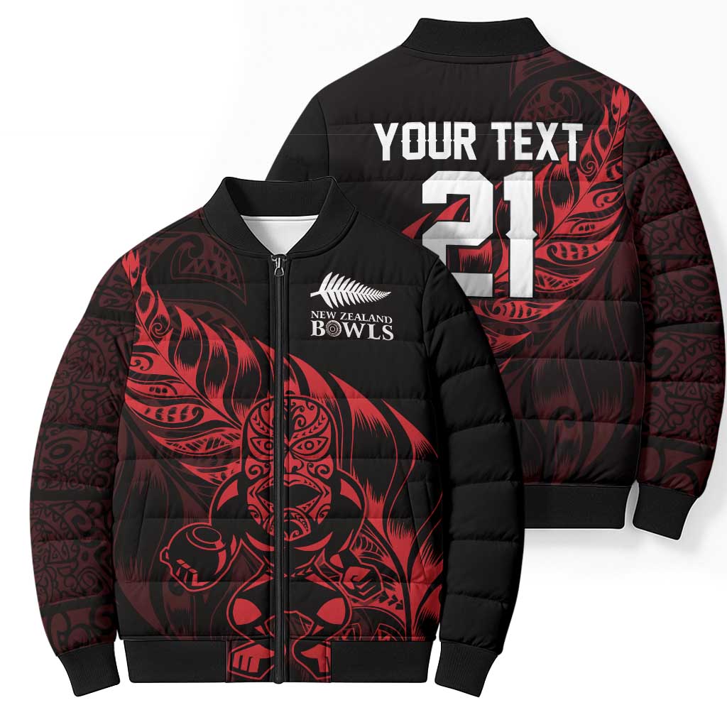 New Zealand Lawn Bowls Custom Bomber Puffer Jacket Red Maori Warrior Tribal Silver Fern - Aussie Hoodie