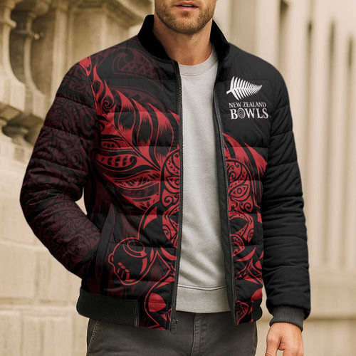 New Zealand Lawn Bowls Custom Bomber Puffer Jacket Red Maori Warrior Tribal Silver Fern - Aussie Hoodie