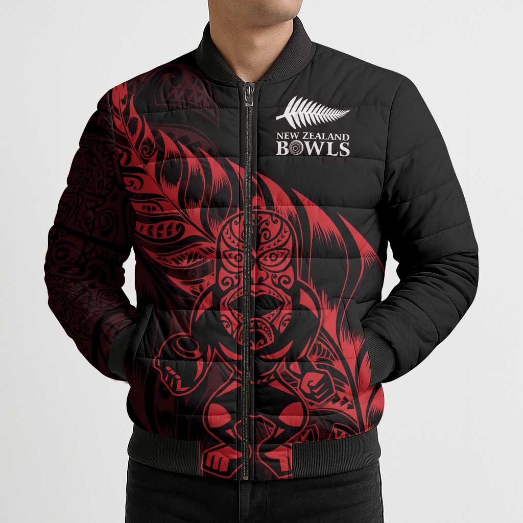 New Zealand Lawn Bowls Custom Bomber Puffer Jacket Red Maori Warrior Tribal Silver Fern - Aussie Hoodie