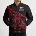 New Zealand Lawn Bowls Custom Bomber Puffer Jacket Red Maori Warrior Tribal Silver Fern - Aussie Hoodie