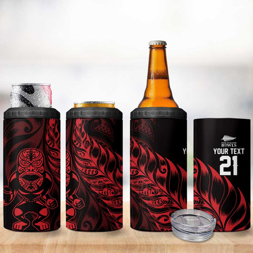 New Zealand Lawn Bowls Custom 4 in 1 Can Cooler Tumbler Red Maori Warrior Tribal Silver Fern - Aussie Hoodie