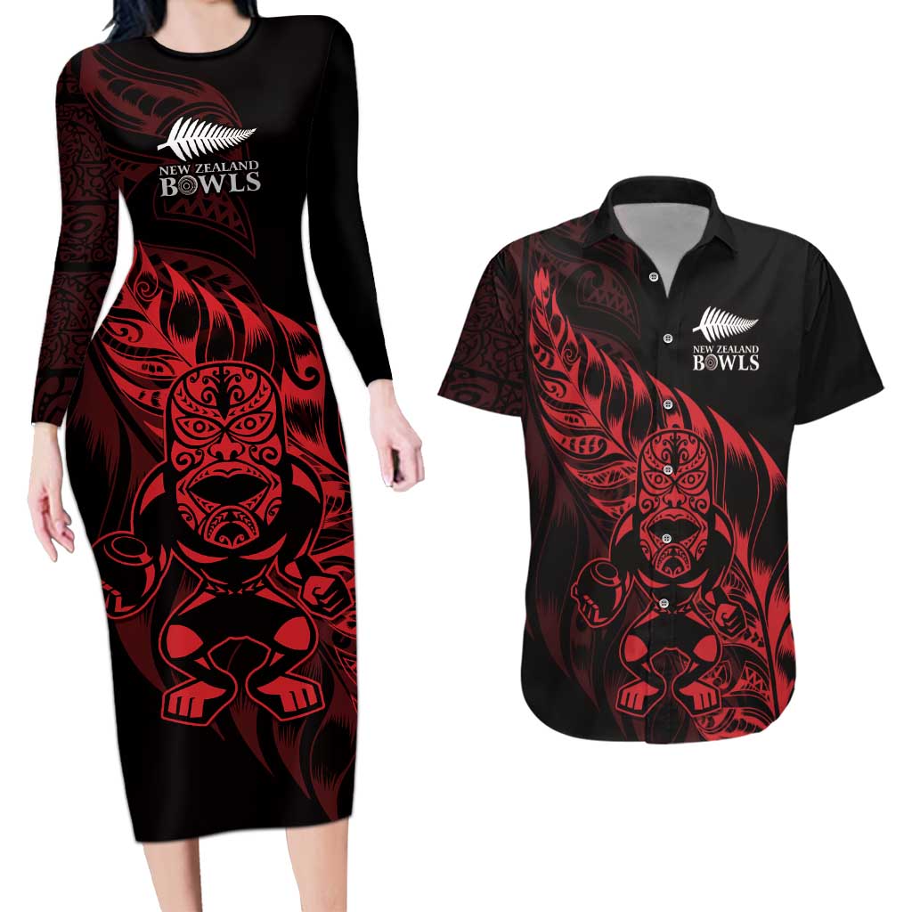 New Zealand Lawn Bowls Custom Couples Matching Long Sleeve Bodycon Dress and Hawaiian Shirt Red Maori Warrior Tribal Silver Fern - Aussie Hoodie