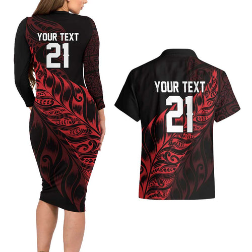 New Zealand Lawn Bowls Custom Couples Matching Long Sleeve Bodycon Dress and Hawaiian Shirt Red Maori Warrior Tribal Silver Fern - Aussie Hoodie
