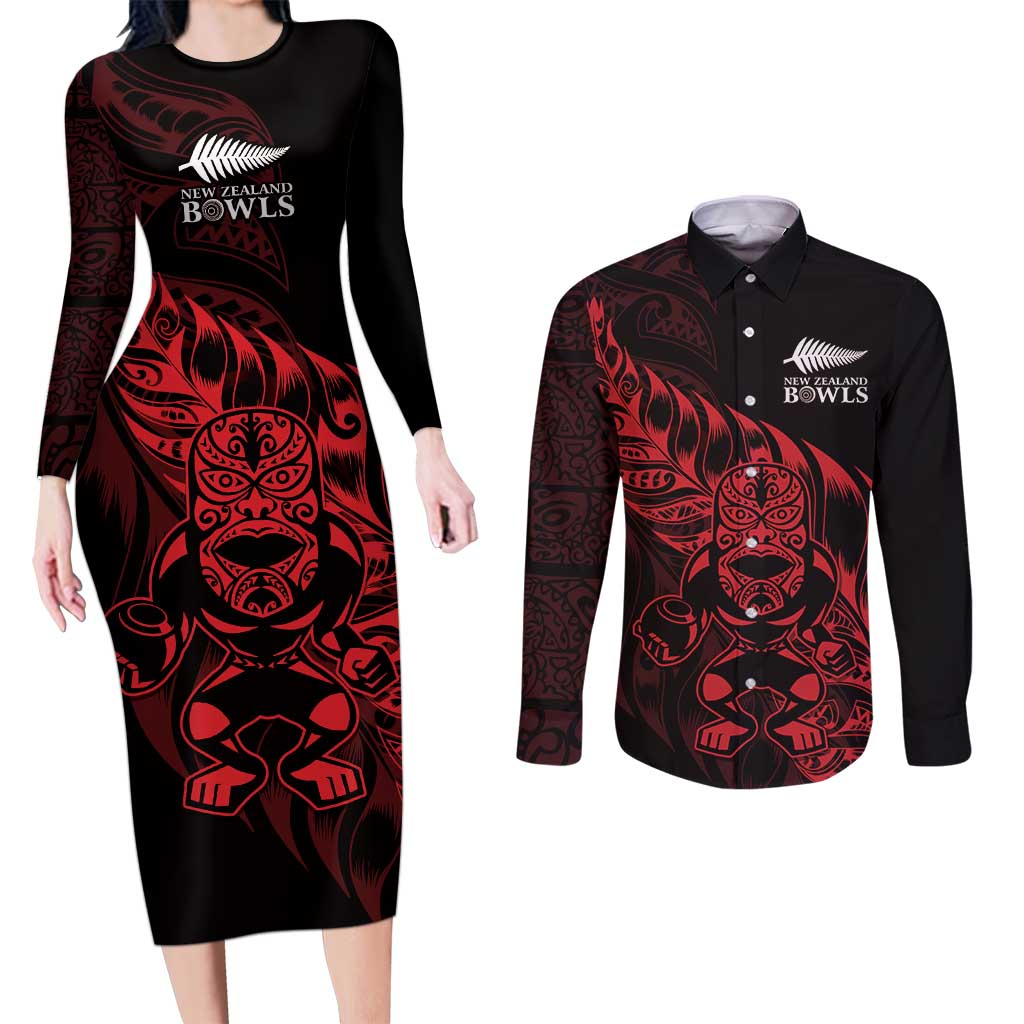 New Zealand Lawn Bowls Custom Couples Matching Long Sleeve Bodycon Dress and Long Sleeve Button Shirt Red Maori Warrior Tribal Silver Fern - Aussie Hoodie