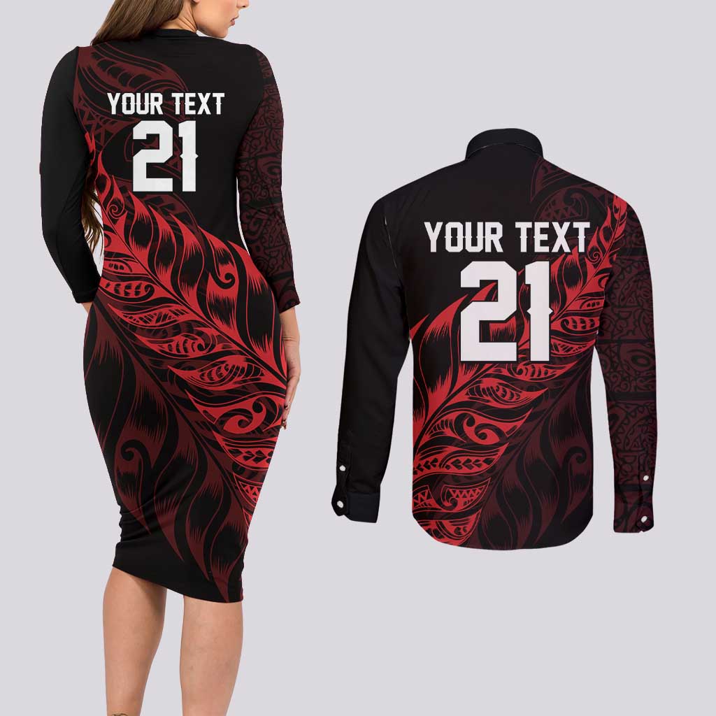 New Zealand Lawn Bowls Custom Couples Matching Long Sleeve Bodycon Dress and Long Sleeve Button Shirt Red Maori Warrior Tribal Silver Fern - Aussie Hoodie