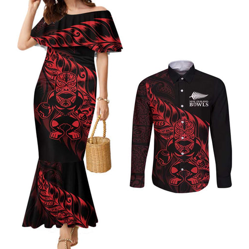 New Zealand Lawn Bowls Custom Couples Matching Mermaid Dress and Long Sleeve Button Shirt Red Maori Warrior Tribal Silver Fern - Aussie Hoodie