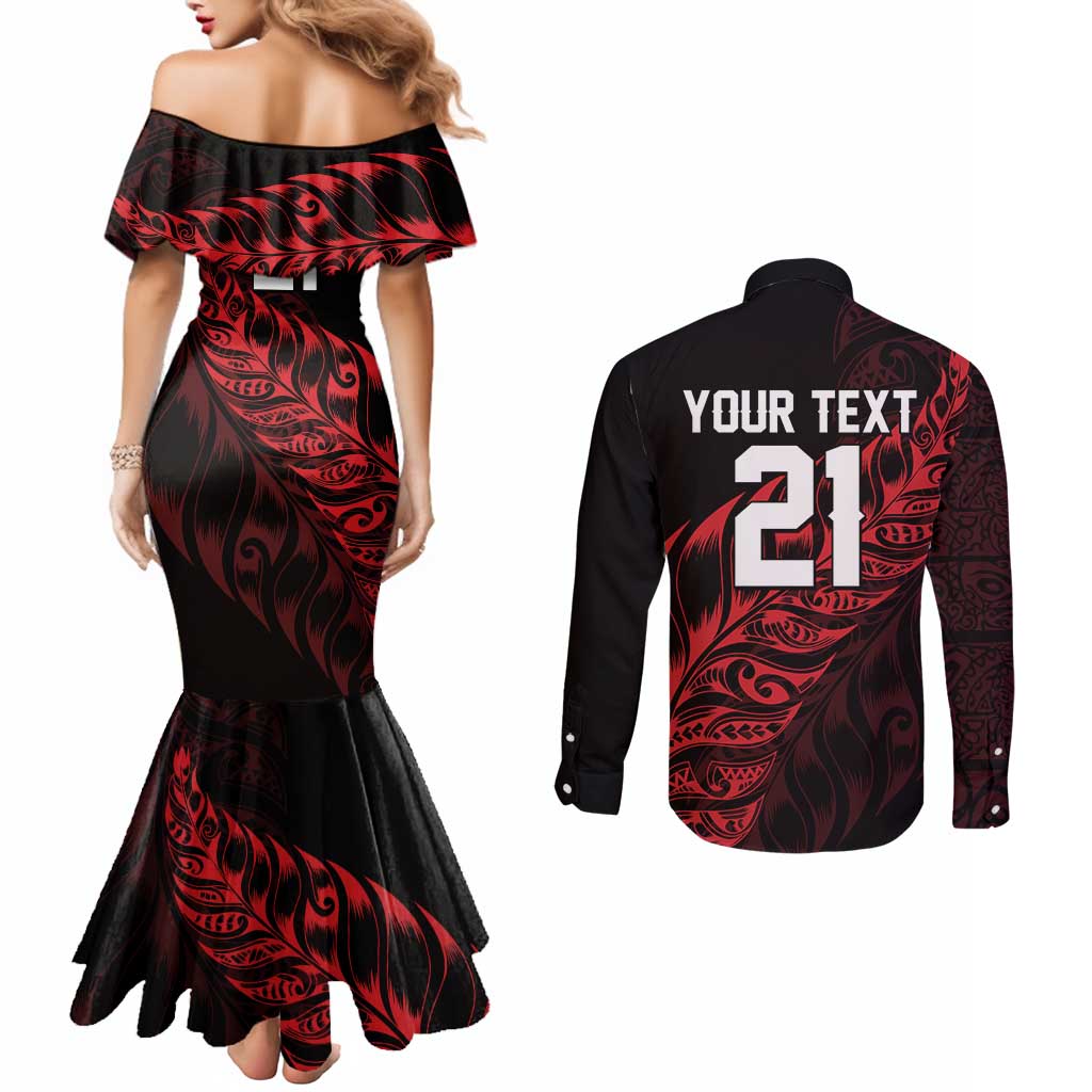 New Zealand Lawn Bowls Custom Couples Matching Mermaid Dress and Long Sleeve Button Shirt Red Maori Warrior Tribal Silver Fern - Aussie Hoodie