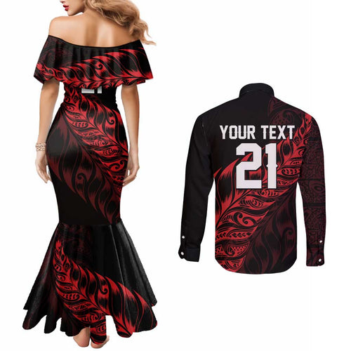 New Zealand Lawn Bowls Custom Couples Matching Mermaid Dress and Long Sleeve Button Shirt Red Maori Warrior Tribal Silver Fern - Aussie Hoodie