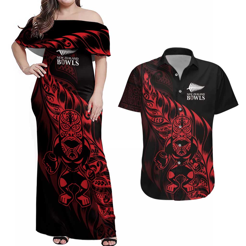 New Zealand Lawn Bowls Custom Couples Matching Off Shoulder Maxi Dress and Hawaiian Shirt Red Maori Warrior Tribal Silver Fern - Aussie Hoodie