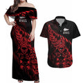 New Zealand Lawn Bowls Custom Couples Matching Off Shoulder Maxi Dress and Hawaiian Shirt Red Maori Warrior Tribal Silver Fern - Aussie Hoodie