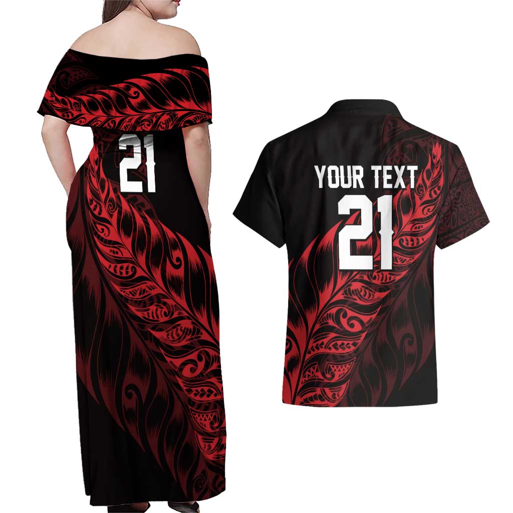 New Zealand Lawn Bowls Custom Couples Matching Off Shoulder Maxi Dress and Hawaiian Shirt Red Maori Warrior Tribal Silver Fern - Aussie Hoodie