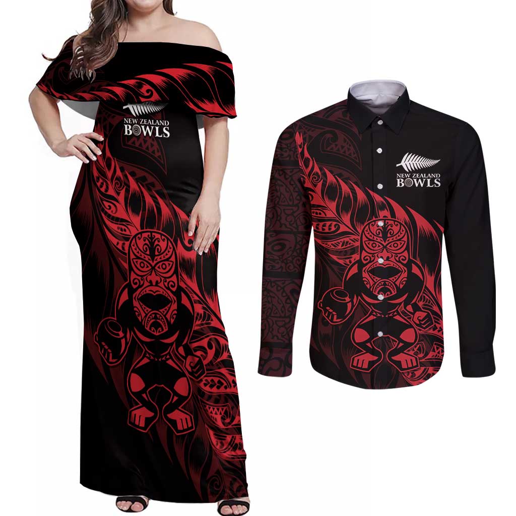 New Zealand Lawn Bowls Custom Couples Matching Off Shoulder Maxi Dress and Long Sleeve Button Shirt Red Maori Warrior Tribal Silver Fern - Aussie Hoodie