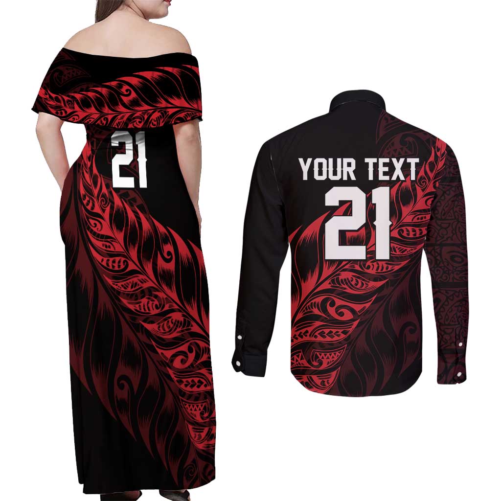 New Zealand Lawn Bowls Custom Couples Matching Off Shoulder Maxi Dress and Long Sleeve Button Shirt Red Maori Warrior Tribal Silver Fern - Aussie Hoodie