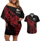 New Zealand Lawn Bowls Custom Couples Matching Off Shoulder Short Dress and Hawaiian Shirt Red Maori Warrior Tribal Silver Fern - Aussie Hoodie