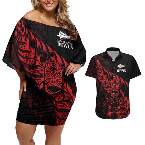 New Zealand Lawn Bowls Custom Couples Matching Off Shoulder Short Dress and Hawaiian Shirt Red Maori Warrior Tribal Silver Fern - Aussie Hoodie