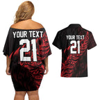 New Zealand Lawn Bowls Custom Couples Matching Off Shoulder Short Dress and Hawaiian Shirt Red Maori Warrior Tribal Silver Fern - Aussie Hoodie