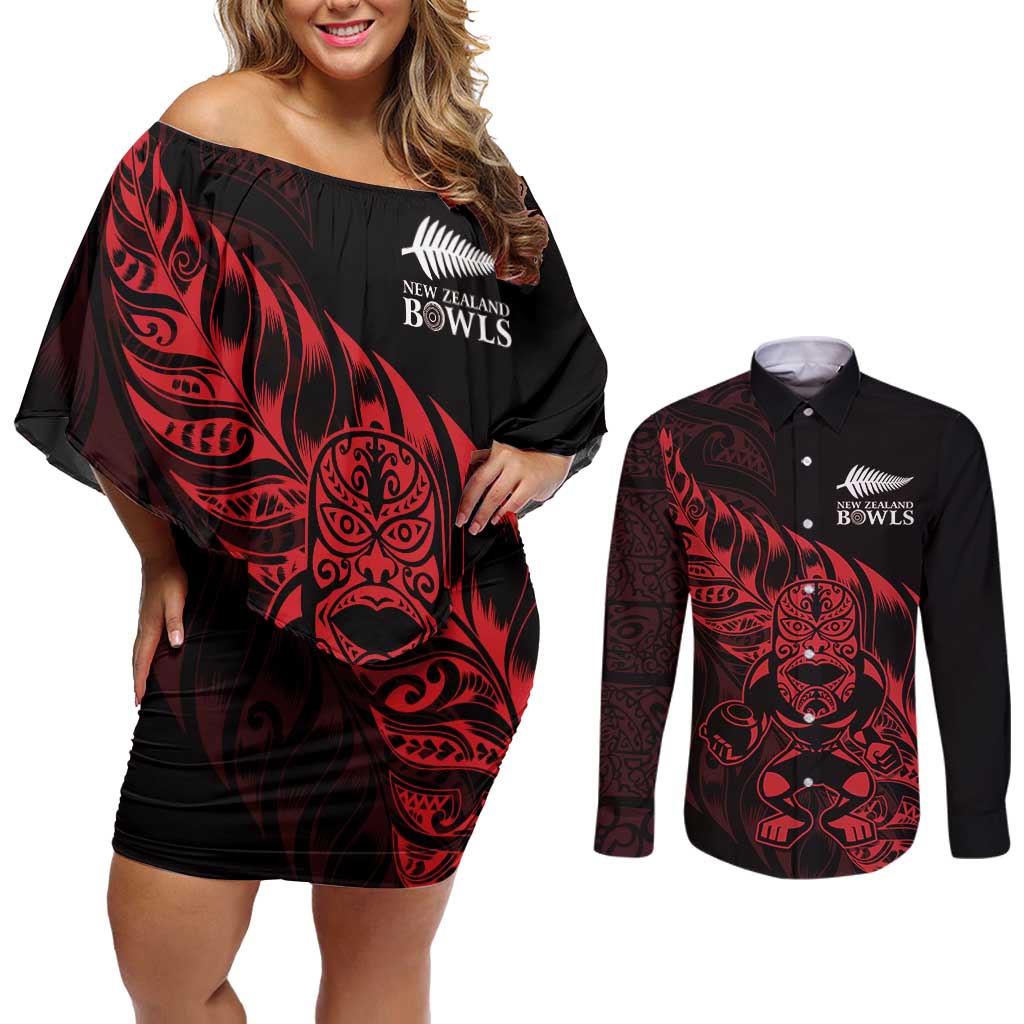 New Zealand Lawn Bowls Custom Couples Matching Off Shoulder Short Dress and Long Sleeve Button Shirt Red Maori Warrior Tribal Silver Fern - Aussie Hoodie