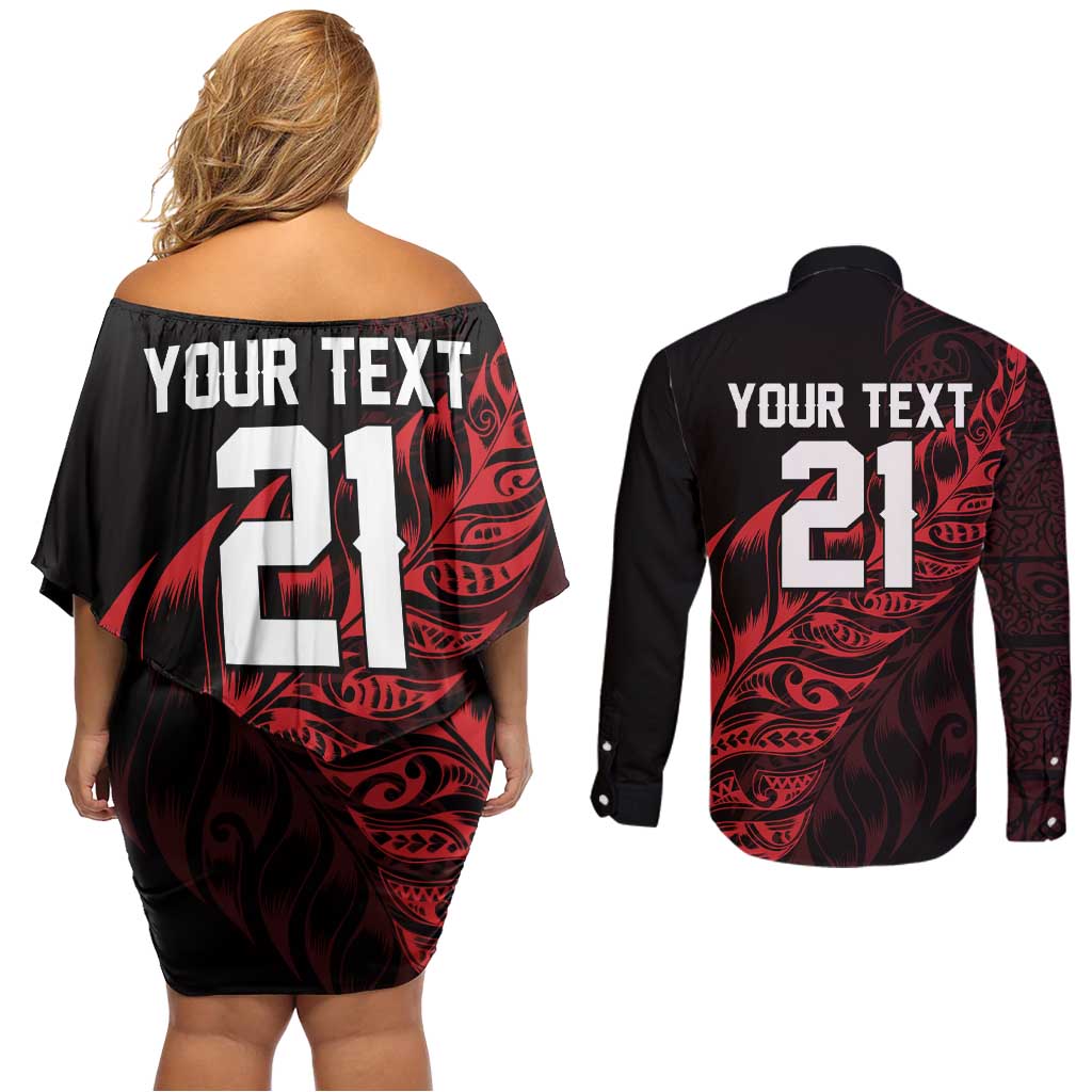 New Zealand Lawn Bowls Custom Couples Matching Off Shoulder Short Dress and Long Sleeve Button Shirt Red Maori Warrior Tribal Silver Fern - Aussie Hoodie