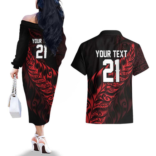 New Zealand Lawn Bowls Custom Couples Matching Off The Shoulder Long Sleeve Dress and Hawaiian Shirt Red Maori Warrior Tribal Silver Fern - Aussie Hoodie