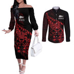 New Zealand Lawn Bowls Custom Couples Matching Off The Shoulder Long Sleeve Dress and Long Sleeve Button Shirt Red Maori Warrior Tribal Silver Fern - Aussie Hoodie