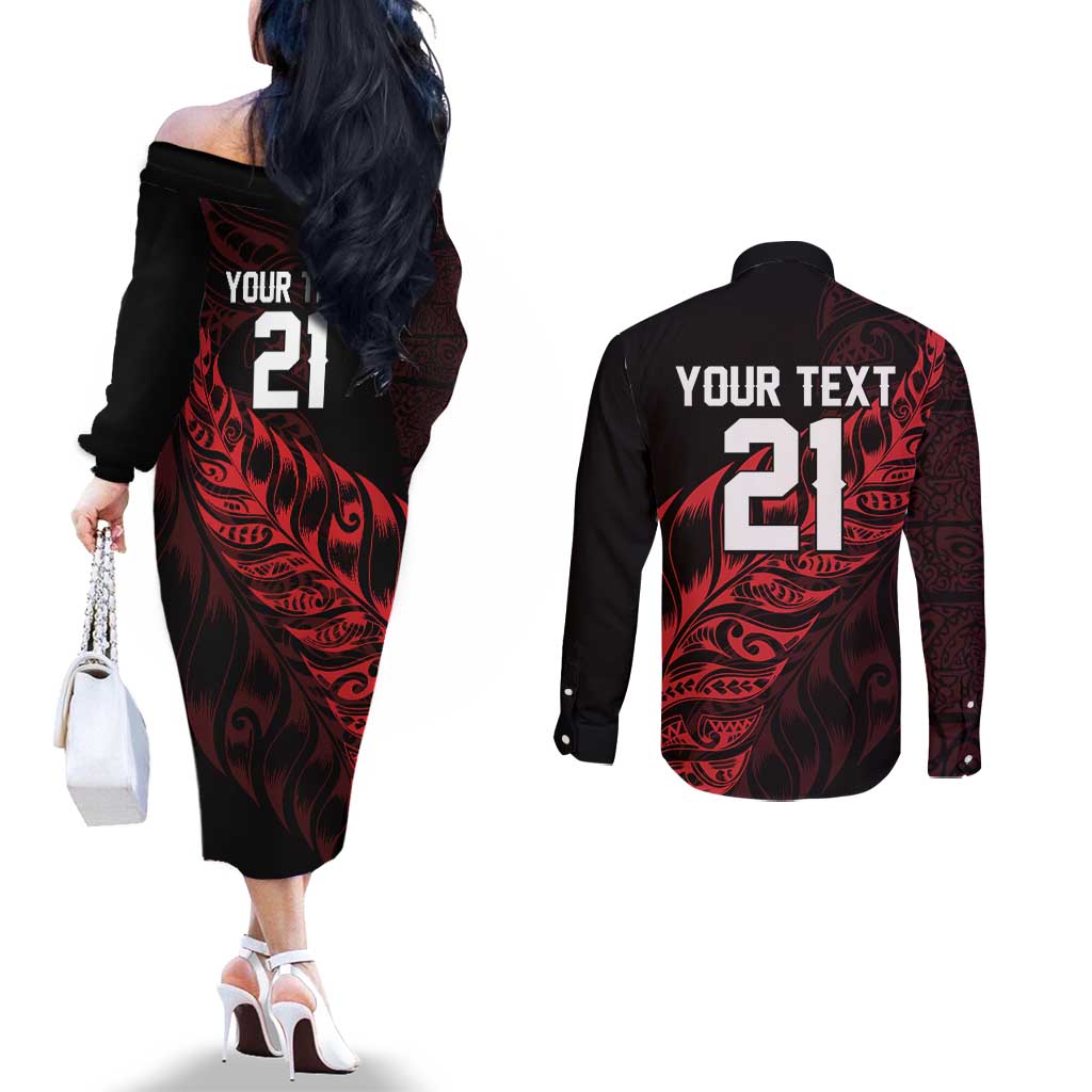 New Zealand Lawn Bowls Custom Couples Matching Off The Shoulder Long Sleeve Dress and Long Sleeve Button Shirt Red Maori Warrior Tribal Silver Fern - Aussie Hoodie