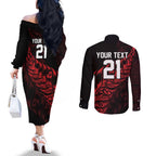 New Zealand Lawn Bowls Custom Couples Matching Off The Shoulder Long Sleeve Dress and Long Sleeve Button Shirt Red Maori Warrior Tribal Silver Fern - Aussie Hoodie