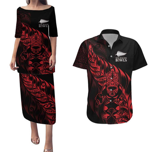 New Zealand Lawn Bowls Custom Couples Matching Puletasi and Hawaiian Shirt Red Maori Warrior Tribal Silver Fern - Aussie Hoodie