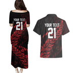 New Zealand Lawn Bowls Custom Couples Matching Puletasi and Hawaiian Shirt Red Maori Warrior Tribal Silver Fern - Aussie Hoodie