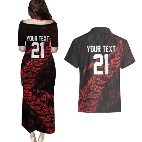 New Zealand Lawn Bowls Custom Couples Matching Puletasi and Hawaiian Shirt Red Maori Warrior Tribal Silver Fern - Aussie Hoodie
