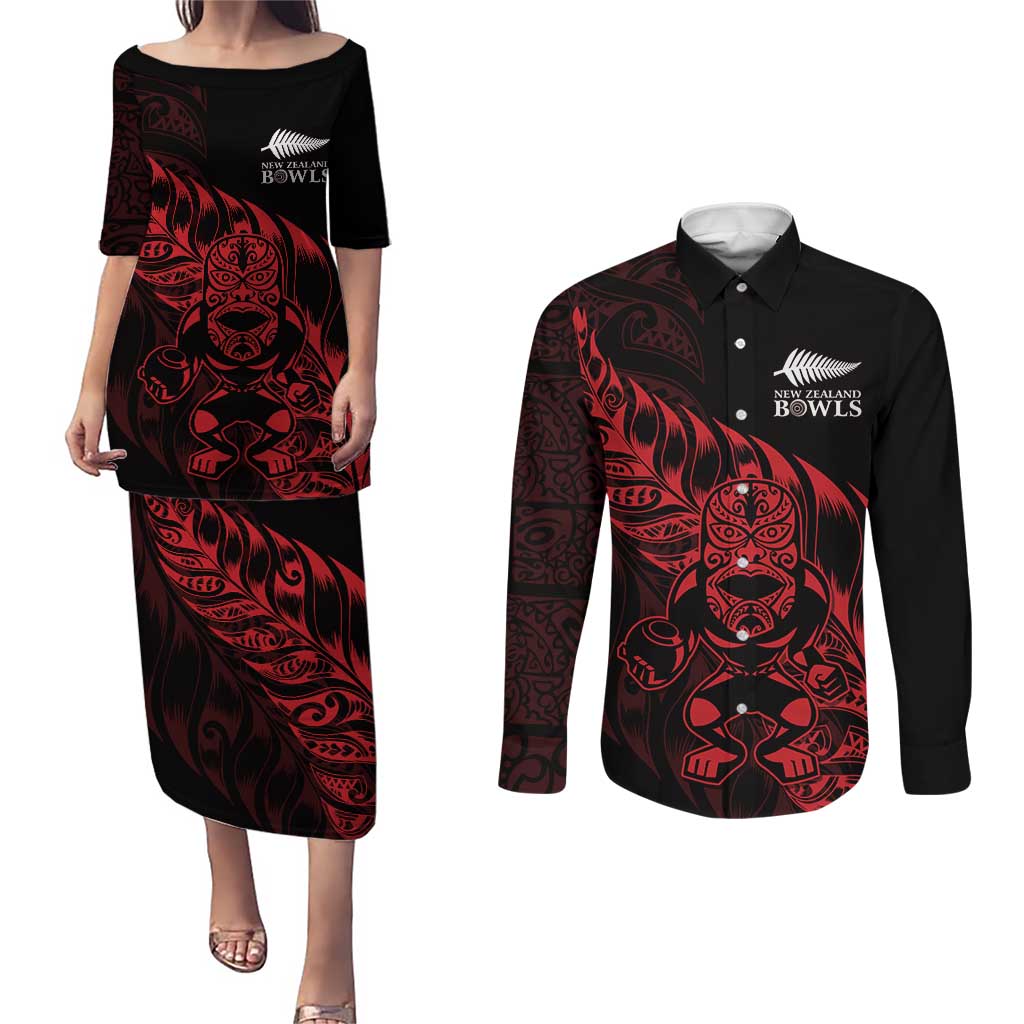 New Zealand Lawn Bowls Custom Couples Matching Puletasi and Long Sleeve Button Shirt Red Maori Warrior Tribal Silver Fern - Aussie Hoodie