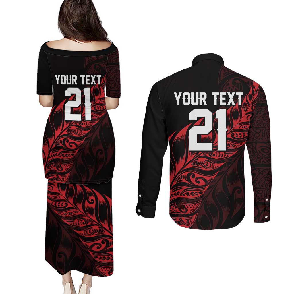 New Zealand Lawn Bowls Custom Couples Matching Puletasi and Long Sleeve Button Shirt Red Maori Warrior Tribal Silver Fern - Aussie Hoodie