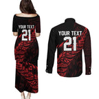 New Zealand Lawn Bowls Custom Couples Matching Puletasi and Long Sleeve Button Shirt Red Maori Warrior Tribal Silver Fern - Aussie Hoodie