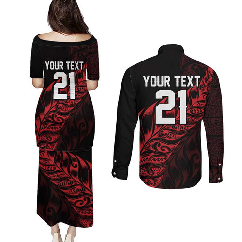 New Zealand Lawn Bowls Custom Couples Matching Puletasi and Long Sleeve Button Shirt Red Maori Warrior Tribal Silver Fern - Aussie Hoodie