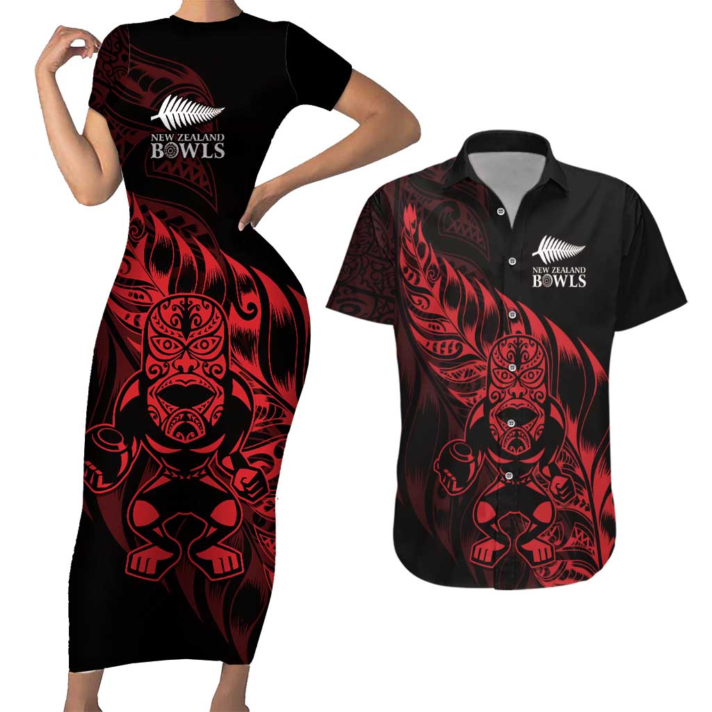 New Zealand Lawn Bowls Custom Couples Matching Short Sleeve Bodycon Dress and Hawaiian Shirt Red Maori Warrior Tribal Silver Fern - Aussie Hoodie