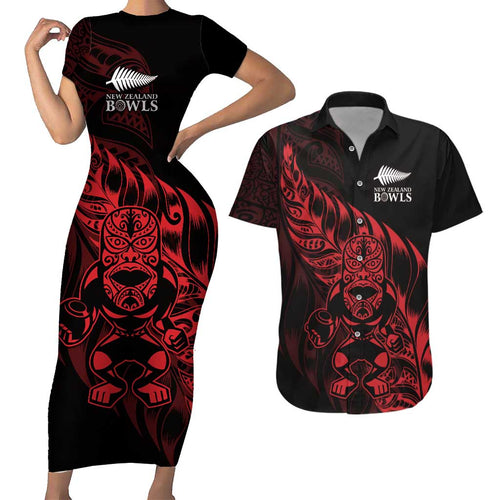 New Zealand Lawn Bowls Custom Couples Matching Short Sleeve Bodycon Dress and Hawaiian Shirt Red Maori Warrior Tribal Silver Fern - Aussie Hoodie