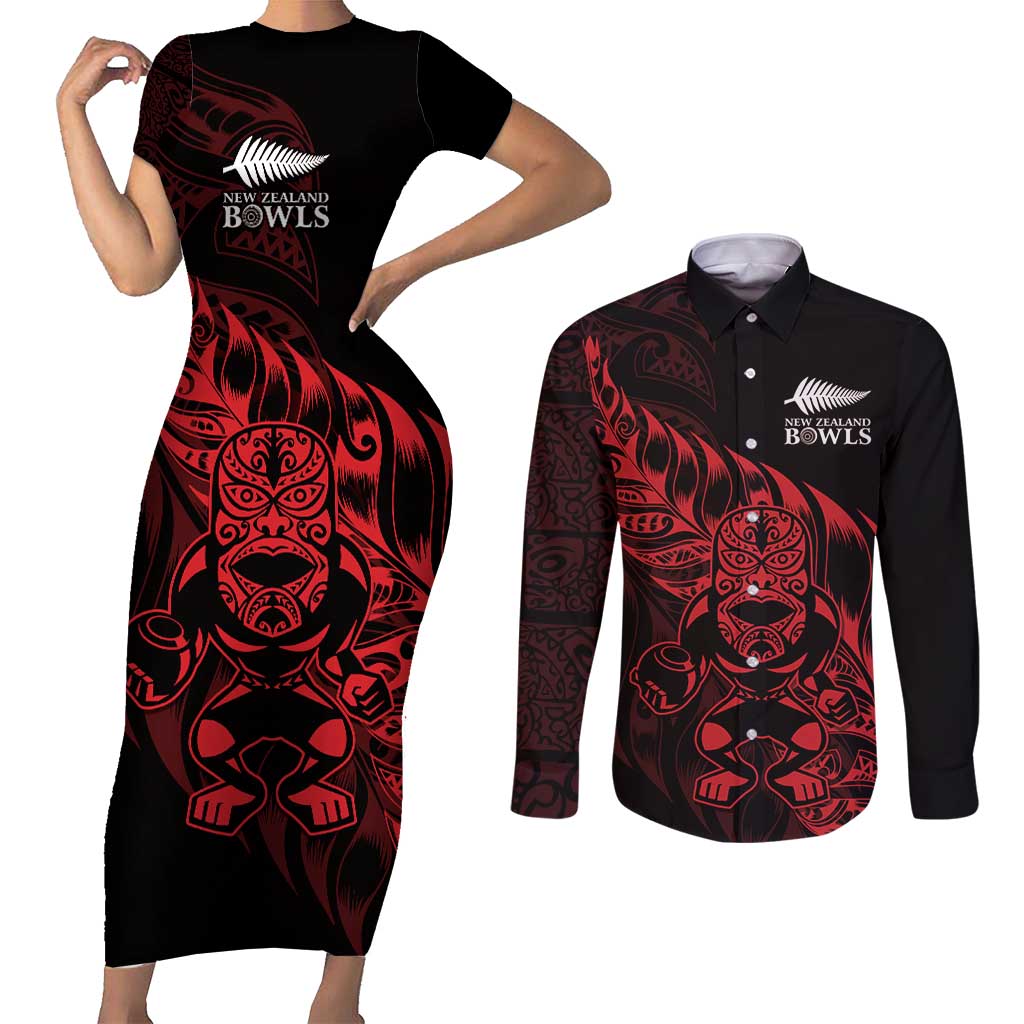 New Zealand Lawn Bowls Custom Couples Matching Short Sleeve Bodycon Dress and Long Sleeve Button Shirt Red Maori Warrior Tribal Silver Fern - Aussie Hoodie