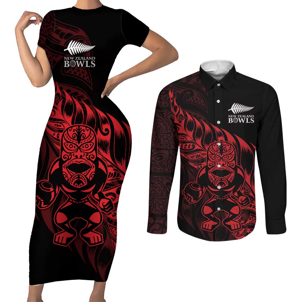 New Zealand Lawn Bowls Custom Couples Matching Short Sleeve Bodycon Dress and Long Sleeve Button Shirt Red Maori Warrior Tribal Silver Fern - Aussie Hoodie
