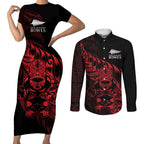 New Zealand Lawn Bowls Custom Couples Matching Short Sleeve Bodycon Dress and Long Sleeve Button Shirt Red Maori Warrior Tribal Silver Fern - Aussie Hoodie